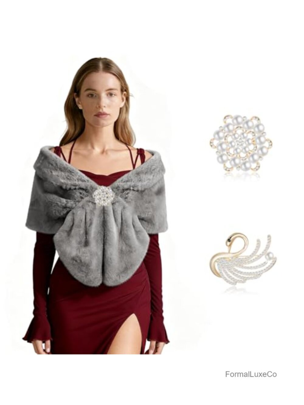 Faux Fur Shawl Wrap for Women Sleeveless Winter Bridal Stole with Brooches